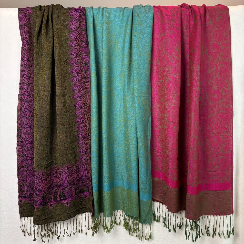 Pashmina Silk Cashmere Fringed Scarf Shawl Wrap Bundle, Purple Teal Pink Paisley